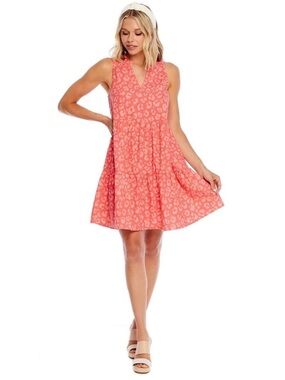 Mud Pie Cotton Poplin Safari Print Coral V-Neck Ruffle Collar Tiered Dress
